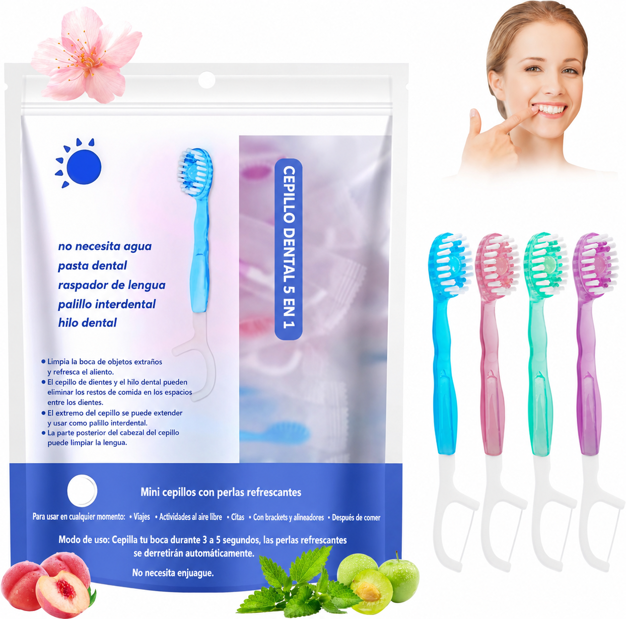 Minicepillo con hilo dental y pasta integrada 5 en 1