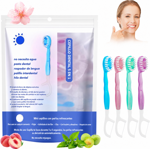 Minicepillo con hilo dental y pasta integrada 5 en 1