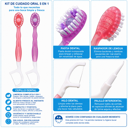 Minicepillo con hilo dental y pasta integrada 5 en 1